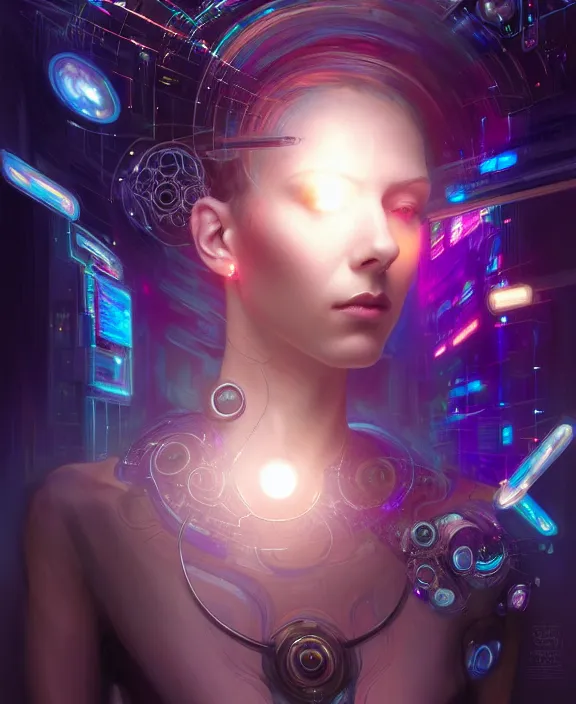 Image similar to a whirlwind of souls rushing inside the metaverse, hologram, half body, neurochip, shaved temple, piercing, jewelry, android, cyborg, cyberpunk face, by loish, d & d, fantasy, intricate, elegant, highly detailed, colorful, digital painting, artstation, concept art, art by artgerm and greg rutkowski and alphonse mucha