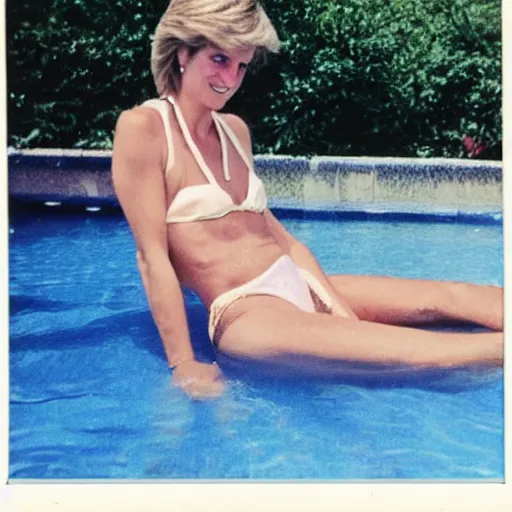 Image similar to found polaroid photo of princess diana laying out by the pool
