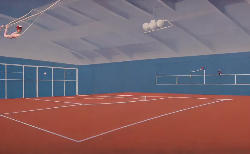 Image similar to Inside an empty tennis court, very coherent, painted by Edward Hopper, Wayne Barlowe, painted by James Gilleard, airbrush, art by JamesJean