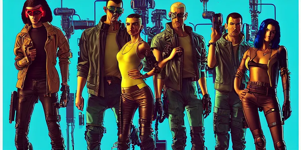 Prompt: cyberpunk heist crew. portrait by stonehouse and mœbius and will eisner and gil elvgren and pixar. character design. realistic proportions. dystopian. cyberpunk 2 0 7 7 character art, blade runner 2 0 4 9 concept art. cel shading. attractive face. thick lines. the team. detailed interesting characters.