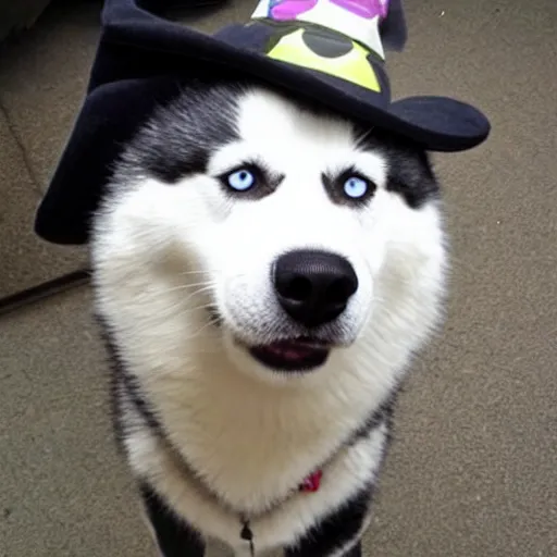 Image similar to A photo of a Husky dog wearing a hat