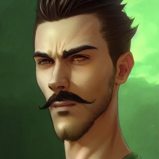 Prompt: portrait of a man with brown undercut hair,green eyes,thin moustache,Character design by charlie bowater, ross tran, artgerm, and makoto shinkai, detailed, inked, western comic book art, 2021 award winning painting,digital art,ultra realistic,ultra detailed,art by greg rutkowski,detailed face,hyperdetailed,photorealistic