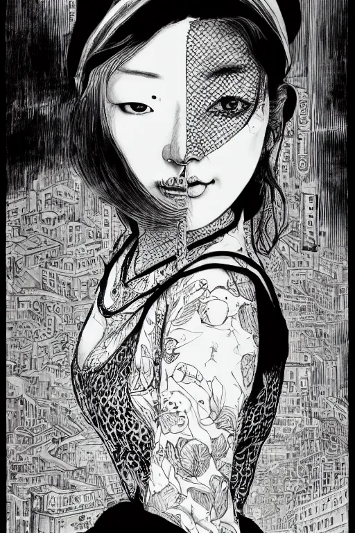 Image similar to beautiful portrait of a woman, negative no not mona lisa pose, highly detailed ink illustration of a dark alley of taipei, b & w clean shaped illustration by kim jung gi, ric estrada, ron english and eiichiro oda