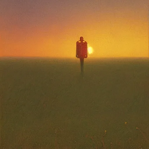 Prompt: a mech suit standing in a field at sunset by Beksinski