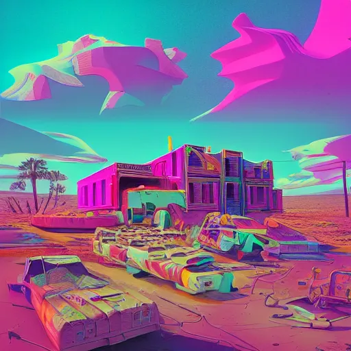 Image similar to desert town of forgotten objects by Beeple, Lisa Frank, Kidmograph and Stephen Shore, digital art, beautiful holography cover design