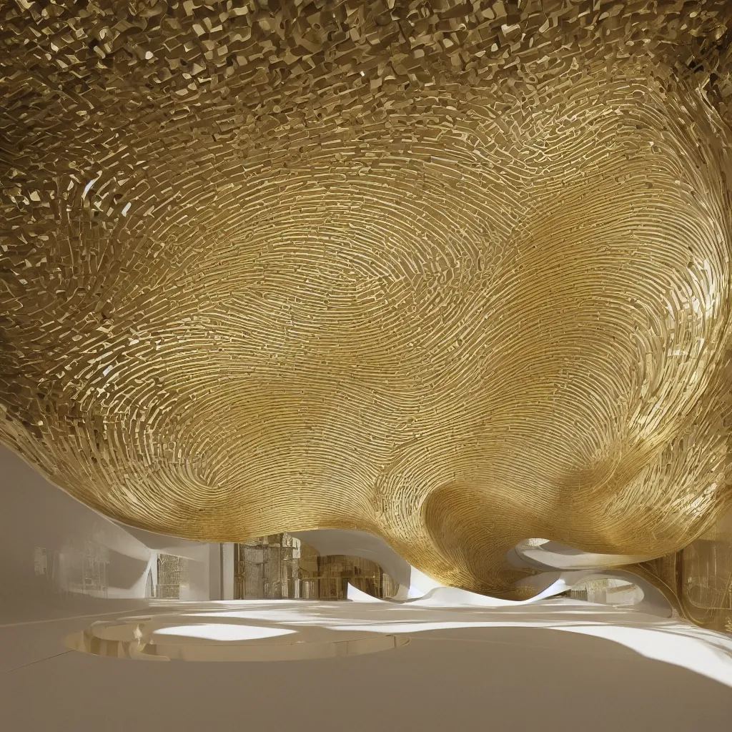 Image similar to an incredibly smooth curvilinear modern baroque interior architectural sculpture, a golden pool on the ground is envelope by folding white surfaces, visually satisfying architecture render, aesthetically pleasing