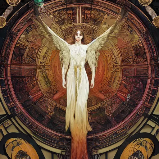 Prompt: hyperrealistic detailed of a macabre seraphim layers of fear in the space and stars in style of biscg and mucha sharp focus 8 k