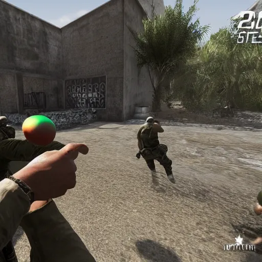 Prompt: Water balloons in Modern Warfare game. 4k