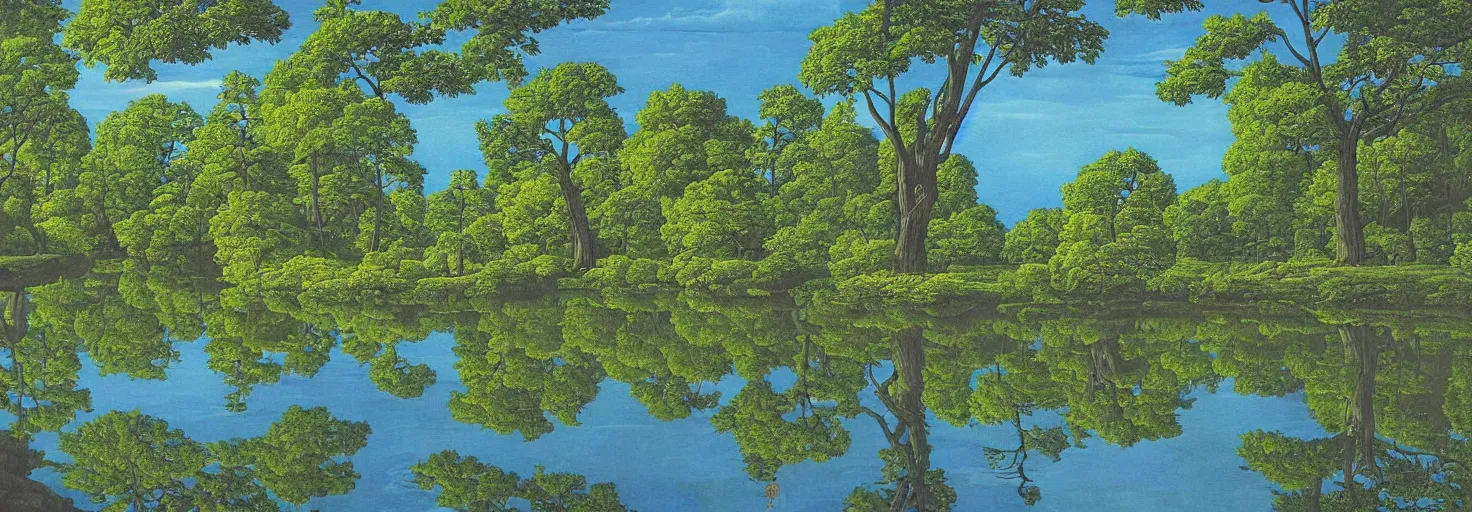 Image similar to escher painting of a lake, big trees reflecting on lake surface, ultra sharp, ultra detailed, colorized by salvador