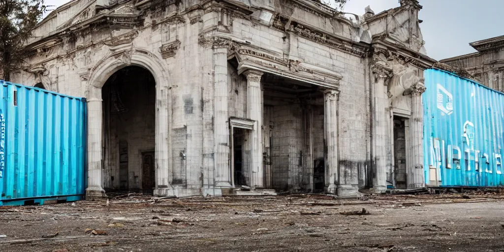 Prompt: an abandoned city hall with the door being covered by some maersk shipping containers