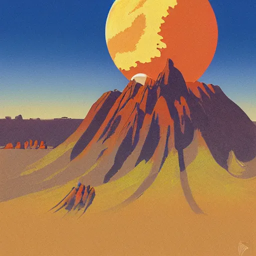 Image similar to desert scene, red sun, fantasy art, illustration, animated film, by studio ghibli