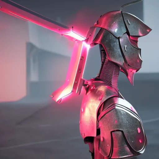Image similar to dark metalic shoulder armour lit by fire behind and a bright pink light source in front. cinematic lighting, realistic concept art. octane render
