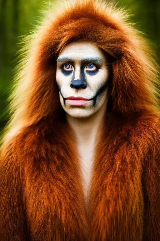 Image similar to a professional portrait photo of a neanderthal woman forest, face paint, ginger hair and fur, extremely high fidelity, natural lighting, national geographic magazine cover.