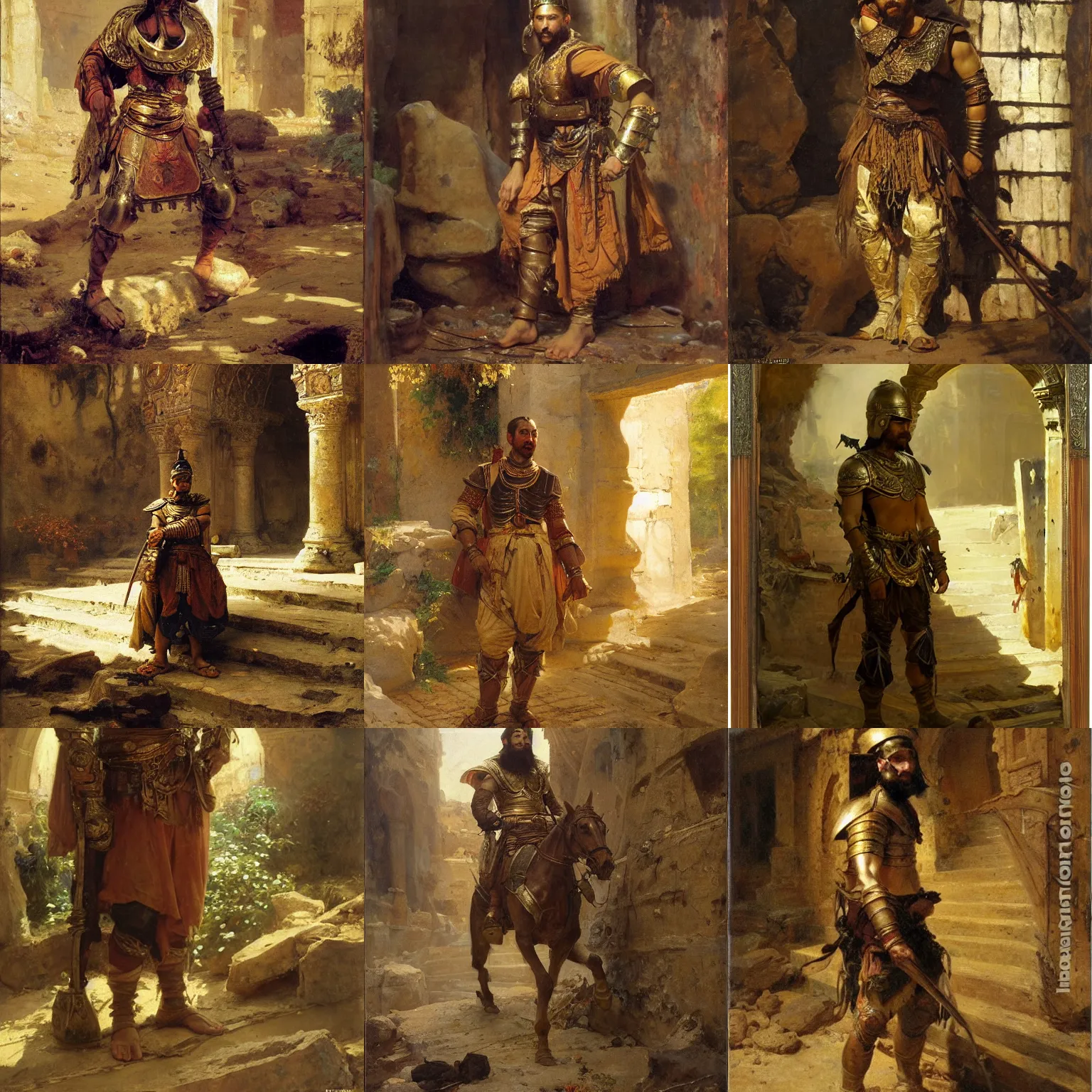 Prompt: orientalism painting of an adventurer wearing bronze scaled armor in a dark ruin by theodore ralli and nasreddine dinet and anders zorn and nikolay makovsky and edwin longsden long, oil on canvas, masterful intricate artwork, excellent lighting, high detail 8 k