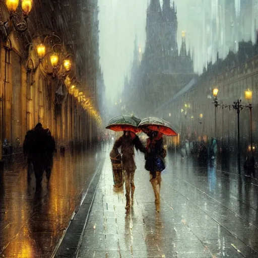 Image similar to a beautifull intricate city, wet sidewalk, peoples, reflexions, raindrops, high details by william turner art, greg rutkowski and alphonse mucha, trending on artstation, very very detailed, masterpiece,