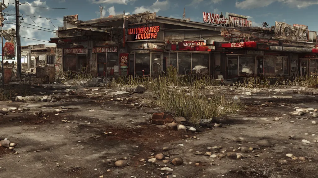 Prompt: post apocalyptic McDonald's, fallout, octane render, 4k