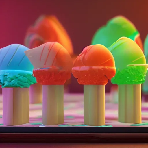 Prompt: a jello chocolate candy lollipop snickers bar icecream cake muffin jaffa waffle candy gummy jelly sandwich, volumetric lighting, octane render, unreal engine, 8k stroopwaffel