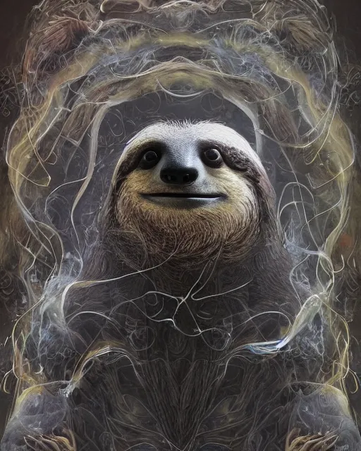 Image similar to a highly detailed portrait of a sloth wearing a black tuxedo as a devious magician radiating a powerful energy aura, wispy tendrils of smoke, swirling vortex of energy, performance art, intricate, digital painting, old english, raining, sepia, particles floating, whimsical background by marc simonetti, art by artgerm and greg rutkowski and alphonse mucha