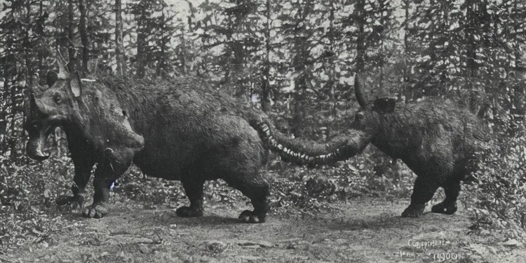 Image similar to the rhinelander hodag, cryptid, 1 9 0 0's photography, caught in the wild
