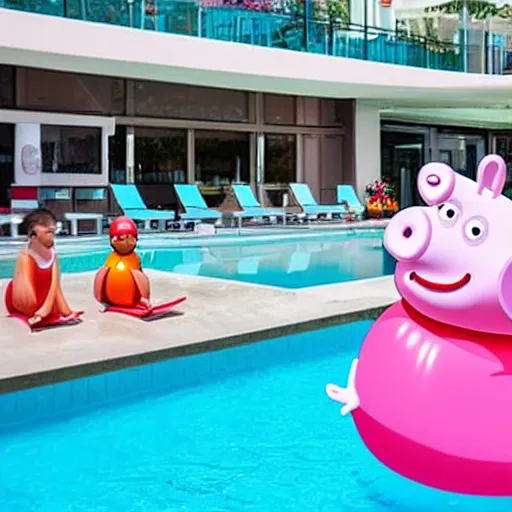 Image similar to an inflatable float of Peppa Pig in the center of a luxury hotel swimming pool