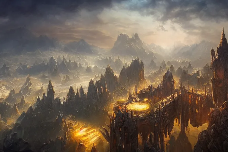 Image similar to high aerial shot, fantasy landscape, sunset lighting ominous shadows, cinematic fantasy painting, dungeons and dragons, a port city with an elvish fortress inspired by the syndey opera house by jessica rossier and brian froud and hr giger