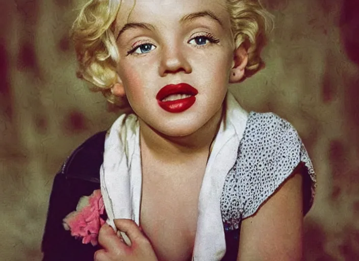 Image similar to professional fine detailed photo portrait of young marilyn monroe from makhachkala, dagestan. kid marilyn monroe in the postsoviet suburbia, iphone photo, instagram