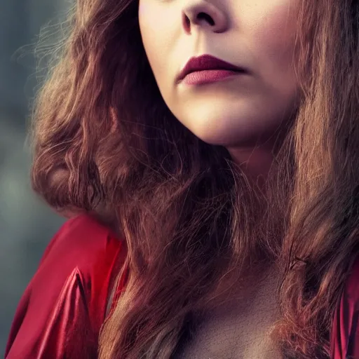 Prompt: Elizabeth Olsen as the Scarlet Witch in alt attire and heavy alt makeup, trending on artstation, gloomy atmosphere, photorealistic facial features, 4k, 8k