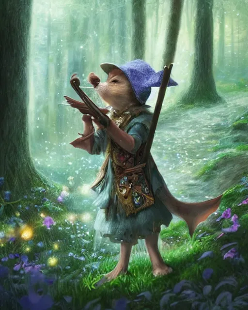 Prompt: Mouse playing Flute in magical forest, portrait, wearing hat, magical notes, fairy atmosphere, magic the gathering artwork, D&D, fantasy, cinematic lighting, centered, symmetrical, highly detailed, digital painting, artstation, concept art, smooth, sharp focus, illustration, volumetric lighting, epic Composition, 8k, art by Akihiko Yoshida and Greg Rutkowski and Craig Mullins, oil painting, cgsociety