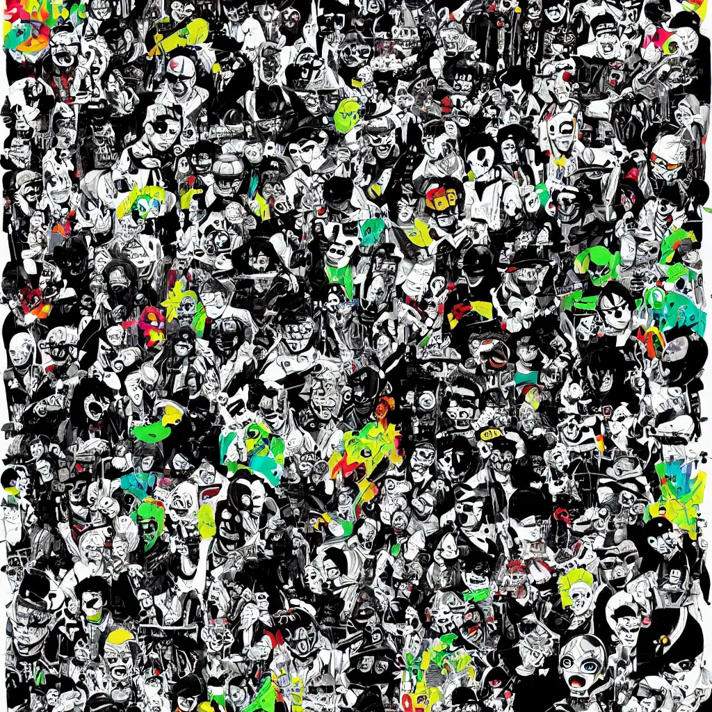 Image similar to faceless human figures, kazuo umezu artwork, jet set radio artwork, stripes, tense, space, cel - shaded art style, broken rainbow, ominous, minimal, cybernetic, cowl, dots, stipples, thumbprint, dark, eerie, motherboards, crosswalks, guts, folds, tearing