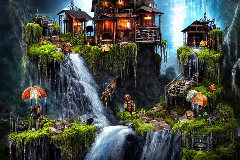 Image similar to gothic waterfall favela honeybee hive, subconscious environment, industrial factory, award winning art, epic dreamlike fantasy landscape, ultra realistic,