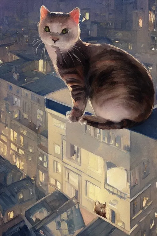 Image similar to beautiful clean oil painting a anthropomorphic cat in a cats city from the top of a roof pinterest, artstation trending, behance, watercolor, by coby whitmore, silver, laser light