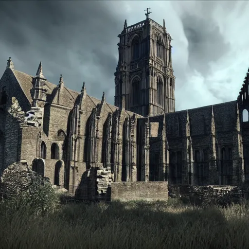 Prompt: imposing abbey, realistic, highly detailed, hd, unreal engine, by guillermo del toro + hideo kojima