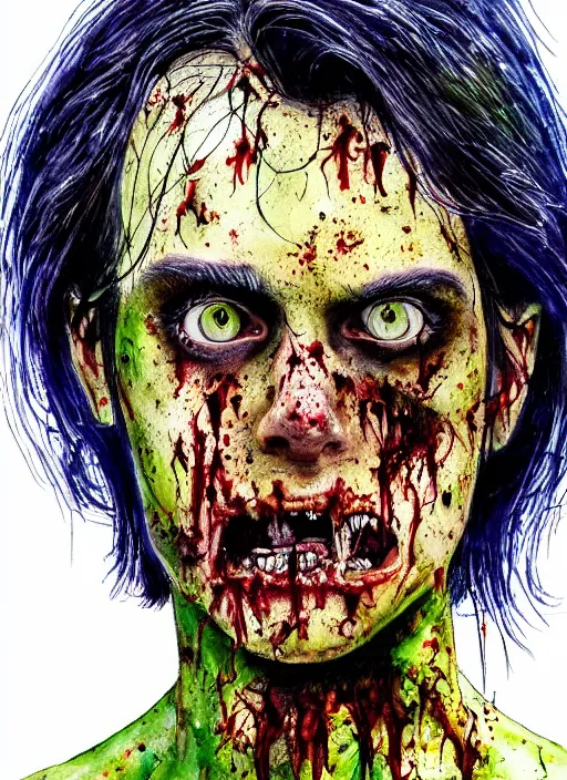 Image similar to zombie hollywood professional acting headshot, hyperrealism, intricate detailed, studio lighting, charming expression gesicht, hauntingly beautiful zombie, watercolor art, drawn and painted, colored layers, dulled contrast, exquisite fine art, splatterpaint