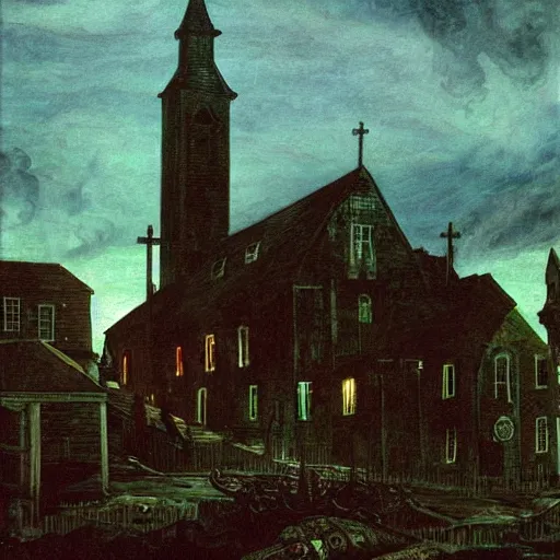 Image similar to zombies, innsmouth, fishing town, church, night, dramatic light, lovecraft, painted by caspar david friedrich