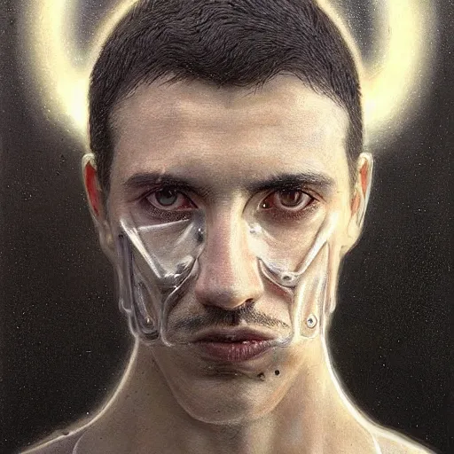 Prompt: surreal portrait of a man by Greg Rutkowski, symmetrical face, he is about 30 years old, short black hair with bangs, his features are a mix between French, Turkish and Russian, transformed into a kind of biomechanical transhuman god, uncany but fascinating, expression of epiphany and determination, cosmic void background, frightening, fascinating, highly detailed portrait, digital painting, book cover, artstation, concept art, smooth, sharp foccus ilustration, Artstation HQ