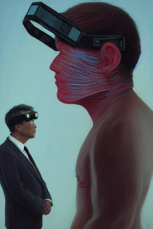 Image similar to sathoshi nakamoto wearing oculus and bitcoin over his head edward hopper and james gilleard, zdzislaw beksisnski, higly detailed