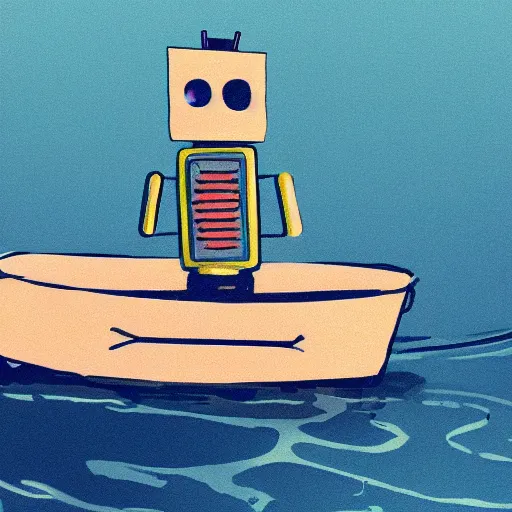 Image similar to a portrait of a robot in a boat, a roomfull of water,