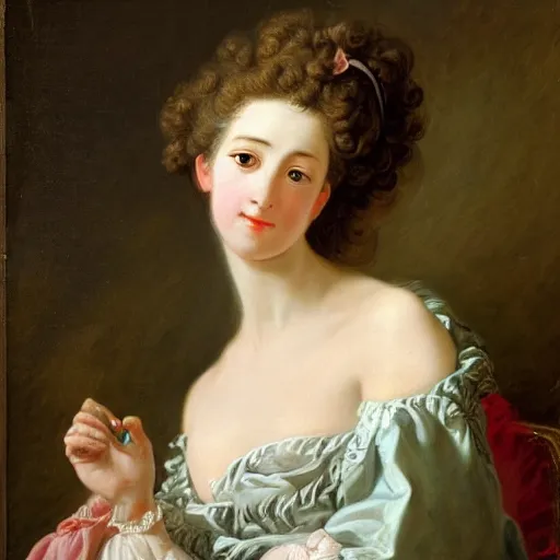 Image similar to portrait painting of a woman, bourgeoisie, high society, beautiful, elegant, shoulder - length, playful, by francois boucher, largilliere, elisabeth vigee le brun, rococo