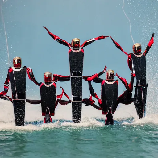 Prompt: Highly detailed professional photography of tesla bots doing a human pyramid while water skiing