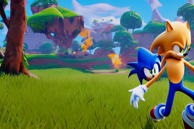 Image similar to sonic dancing in fortnite, gameplay