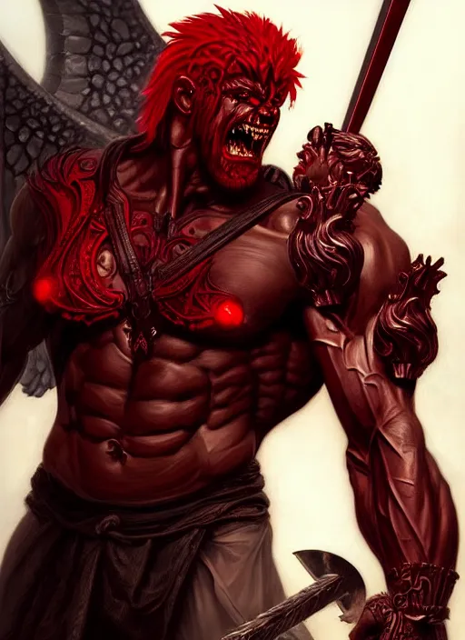 Image similar to portrait of aggressive demonic damned heracles slaying an angel, d & d, muscular! athetic slim bodybuilder, red and black, futuristic, fantasy, intricate, elegant, highly detailed, digital painting, artstation, concept art, smooth, sharp focus, illustration, art by artgerm and greg rutkowski and alphonse mucha