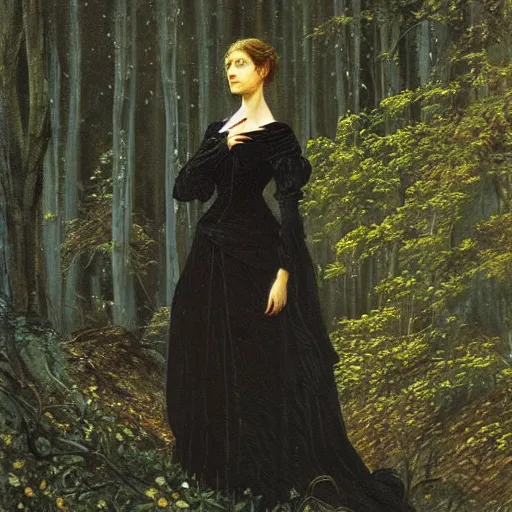 Image similar to A beautiful victorian woman, night, gothic dress, flowing hair, oil painting, portrait, magical forest, spirally trees, glow, dramatic lighting, dramatic light, masterpiece, high detail, long shadow, amazing composition, detailed, painted by Caspar David Friedrich