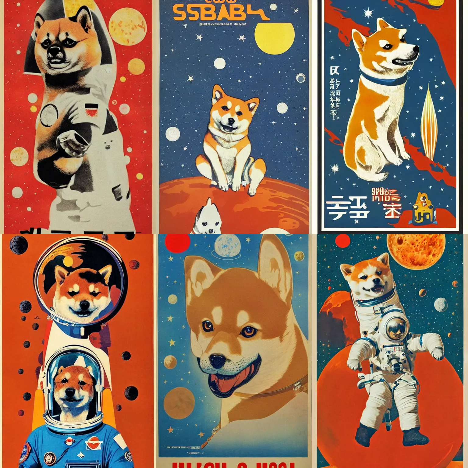 Prompt: Shiba Inu cosmonaut portrait, planet mars, 60s poster, 1960 Soviet