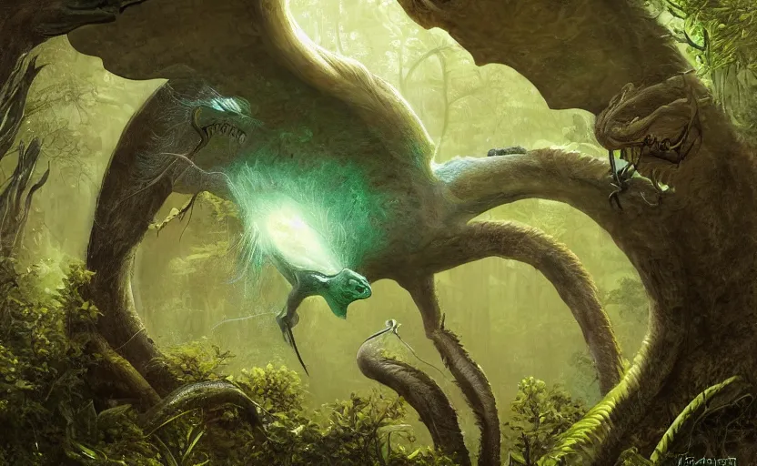 Image similar to a beautiful matte painting of a miocene eldritch terror bird emerging out of a portal into a lush forest, art by kelly freas and joe sorren, f 1 6, trending on artstation