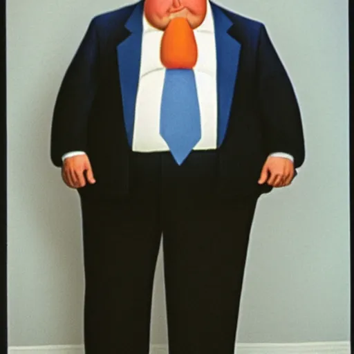 Image similar to photograph of a tall, angry, slightly obese man in his mid 7 0's, with blonde hair and an orange face, wearing a dark blue suit, a white shirt, and a red tie