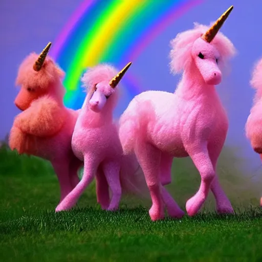 Image similar to pink fluffy unicorns dancing on rainbows