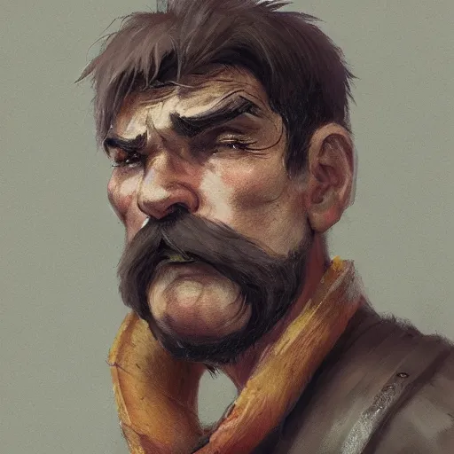 Image similar to portrait old chef barbarian warrior with trucker mustache and short hair, 8 k, trending on art station, by tooth wu and greg rutkowski