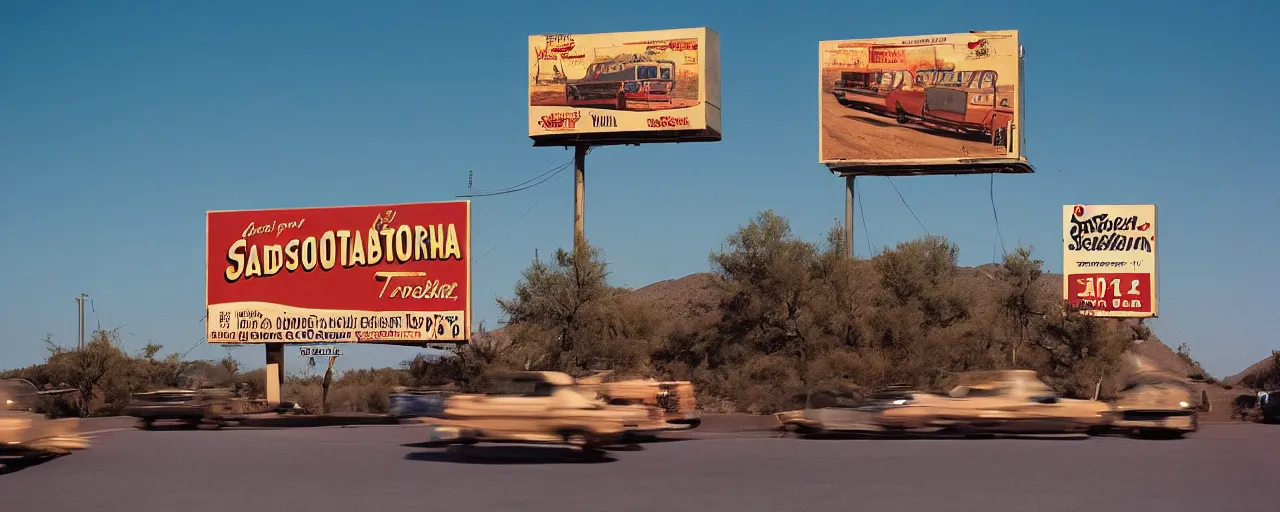 Image similar to spaghetti billboard advertisement, highway 5 0, arizona, sunset, canon 2 0 mm, f 1. 8, kodachrome, in the style of wes anderson