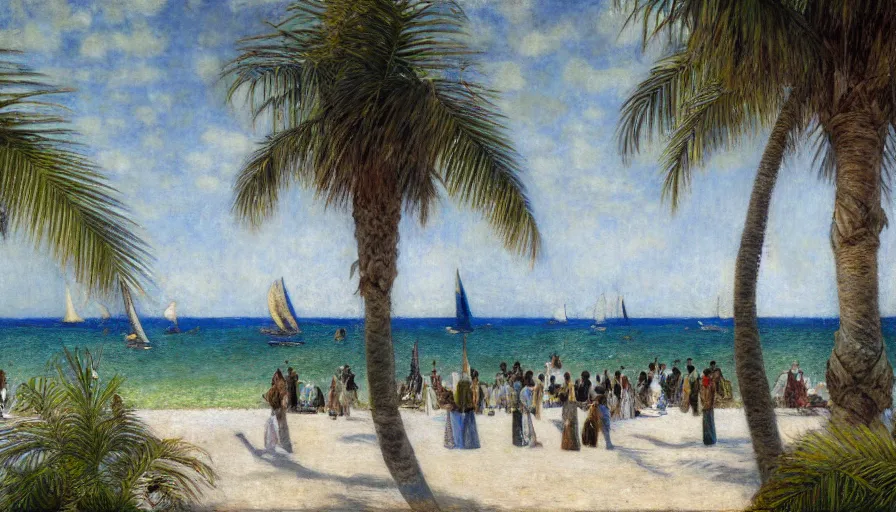 Image similar to a ultradetailed beautiful painting of the inside in the amazonas palace balustrade designed by jules bastien - lepage, tarsila do amaral, frank weston and gustave baumann, beach, trending on artstation, mediterranean, palm trees, sharp focus, sail boats, soft light, 8 k 4 k