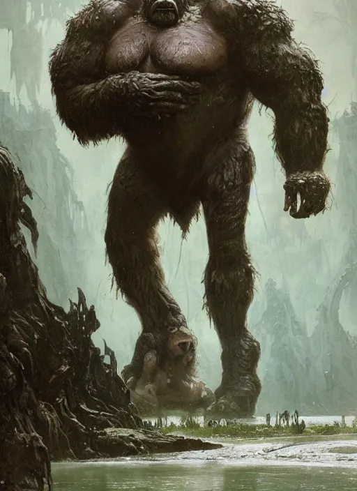 Image similar to huge hulking brute swamp demon king like silverback gorilla standing by river on alien planet at midday by sergey kolesov and lawrence alma tadema and norman rockwell and greg staples and craig mullins and john berkey and ruan jia, artstation creature art